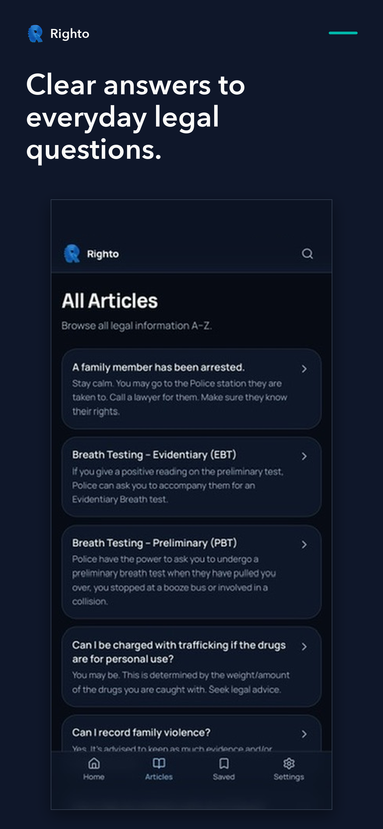 Righto app screen: Browse clear answers for everyday situations.