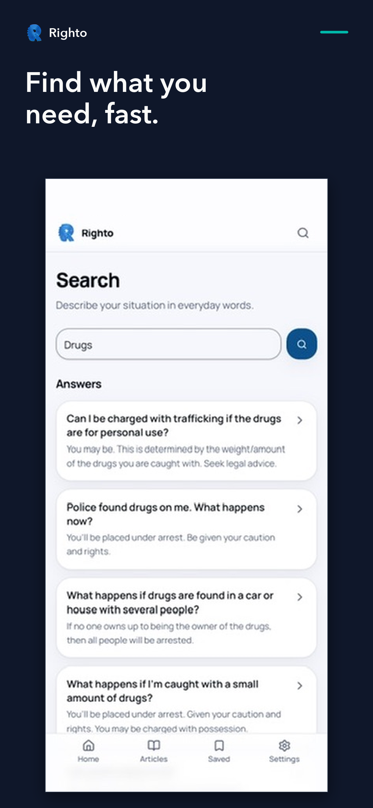 Righto app screen: Find what you need, fast.